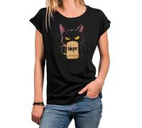 MAKAYA Damen T-Shirt mit Katze Kaffeetasse - Nope Spruch Katzenshirt fürs Büro - Shirt mit Katzenmotiv Lustig Katzenliebhaber Kurzarm Top für Frauen Schwarz L