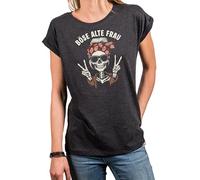 MAKAYA Damen T-Shirt mit Totenkopf Motiv & Spruch - Böse Alte Frau Rockiges Biker Shirt für Frauen & Mädchen Cooles Festival Outfit - Geschenkidee für Musik & Motorrad Fans Grau XXXXXL