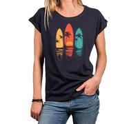 MAKAYA Damen T-Shirt Vintage Surf Motiv - Surfer Style Surfbrett Retro Print - Kurzarm Top für Frauen & Mädchen mit Surfboard - Surfing Logo Sommer Top Baumwolle Blau XXXL