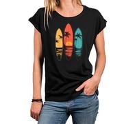 MAKAYA Damen T-Shirt Vintage Surf Motiv - Surfer Style Surfbrett Retro Print - Kurzarm Top für Frauen & Mädchen mit Surfboard - Surfing Logo Sommer Top Baumwolle Schwarz XL