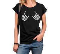 MAKAYA Hard Rock Shirt Damen - Skull Hands - Vintage Bandshirt Kurzarm Rundhals Top Baumwolle Schwarz Große Größen Gr.L