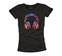 MAKAYA Hip Hop T-Shirt Mädchen Musik Queen Kopfhörer Motiv Damen Top Frauen Sommer Oberteile Schwarz L