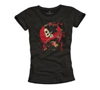 MAKAYA Japanische Geisha T-Shirt für Damen Japan Anime Samurai Frauen Motiv Skull Totenkopf Top Zeichen Schwarz S