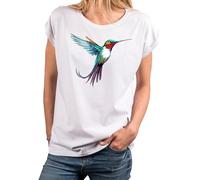MAKAYA Kolibri T-Shirt Damen Top Sommer Oberteile Print Aufdruck Druck Damenshirt mit Motiv Große Größen Weiß S