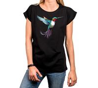 MAKAYA Kolibri T-Shirt Damen Top Sommer Oberteile Print Aufdruck Druck Damenshirt mit Motiv Große Größen Schwarz XS