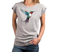 MAKAYA Kolibri T-Shirt Damen Top Sommer Oberteile Print Aufdruck Druck Damenshirt mit Motiv Große Größen Grau Xs