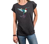 MAKAYA Kolibri T-Shirt Damen Top Sommer Oberteile Print Aufdruck Druck Damenshirt mit Motiv Große Größen Dunkelgrau XL