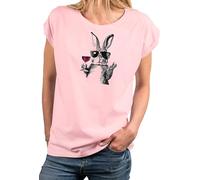MAKAYA Lustiges Damen T-Shirt mit Hasenmotiv - Weinglas & Sonnenbrille Hasen T-Shirt für Frauen & Mädchen Geschenke für Weinliebhaber Kurzarm Top Baumwolle Rosa XXXL