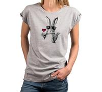 MAKAYA Lustiges Damen T-Shirt mit Hasenmotiv - Weinglas & Sonnenbrille Hasen T-Shirt für Frauen & Mädchen Geschenke für Weinliebhaber Kurzarm Top Baumwolle Grau M