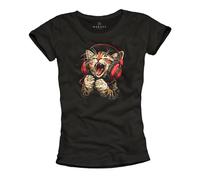 MAKAYA Lustiges Damen T-Shirt mit Katzenmotiv - Kopfhörer Dj Katze Rockiges Hip Hop Musik Shirt für Frauen - Festival Outfit Sommer Oberteile 100% Baumwolle Kurzarm Top Schwarz M