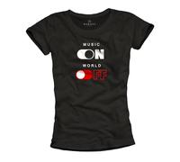 MAKAYA Musik Shirt Damen - Music On World Off - Festival T-Shirt für Frauen Rock Hip Hop Band Elektro House Motiv Dj Geschenke Rockige Sommer Tops 100% Baumwolle Schwarz XL