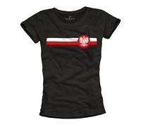 MAKAYA Polen T-Shirt Damen Polnische Flagge mit Adler Wappen Nationalflagge Kurzarm Baumwolle Tshirt Design Schwarz S
