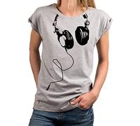 MAKAYA Shirt Damen Lässig Kopfhörer Print Sommer Tunika Top mit Aufdruck Kurzarm Rundhals Große Größen Oversize Hellgrau XXXXL