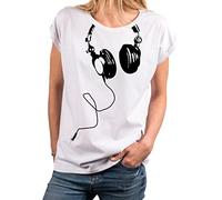 MAKAYA Shirt Damen Lässig Kopfhörer Print Sommer Tunika Top mit Aufdruck Kurzarm Rundhals Große Größen Oversize Weiß M