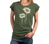 MAKAYA T-Shirt mit Blumendruck Damen Top Gänseblümchen Blumen Shirts Blumenprint Grün Große Größen L