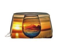 Make-up-Tasche aus PU-Leder, Reise-Kosmetiktasche, wasserdicht, große Kapazität, Kulturbeutel mit Reißverschluss, niedlich, tragbar, Sonnenuntergang, Weinglas, Kulturbeutel für Damen, gold, Eine Größe