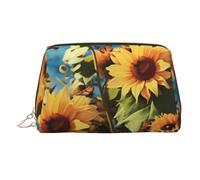Make-up-Tasche aus PU-Leder, Reise-Kosmetiktasche, wasserdicht, große Kapazität, Kulturbeutel mit Reißverschluss, niedlich, tragbar, Sonnenblumen und Schmetterlinge, Kulturbeutel für Damen, gold, Eine