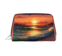 Make-up-Tasche aus PU-Leder, Reise-Kosmetiktasche, wasserdicht, große Kapazität, Kulturbeutel mit Reißverschluss, niedlich, tragbar, Sonnenuntergang, Meer, Kulturbeutel für Damen, silber, Eine Größe