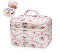 Make-up-Tasche, große Kosmetiktasche für Damen und Mädchen, niedliche gesteppte Make-up-Taschen, florale Kokette, ästhetischer Kulturbeutel, Reise-Make-up-Organizer-Tasche (rosa Schleife)