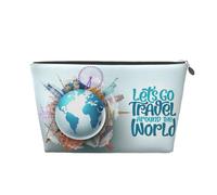 Make-up-Tasche mit Aufschrift "Let's go Travel Around the World", Kosmetiktasche, Reise-Kulturbeutel, Make-up-Tasche für Damen, Leder-Make-up-Tasche, Organizer, niedliche Make-up-Tasche, silber