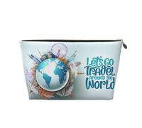 Make-up-Tasche mit Aufschrift "Let's go Travel Around the World", Kosmetiktasche, Reise-Kulturbeutel, Make-up-Tasche für Damen, Leder-Make-up-Tasche, Organizer, niedliche Make-up-Tasche, Gold