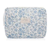 Make-up-Tasche mit Blumenmuster, große Kosmetiktasche für Damen und Mädchen, niedliche Baumwoll-Make-up-Tasche, gesteppte Make-up-Tasche, Reise-Kulturbeutel, Kulturbeutel mit Blumenmuster, Blau