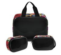 Make-up-Tasche mit Totenkopf-Motiv für Damen und Herren, Rosenköpfe, durchscheinend, Kosmetiktasche, Kulturbeutel, Duschtasche, 3 Stück, Reise-Kulturartikel, Kosmetik-Organizer, farbe, XL,