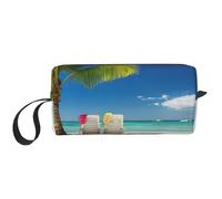 Make-up-Tasche, Motiv: Strandpalme, Stühle, Boote, strapazierfähige Kosmetiktasche, Make-up, Reisetasche, ideales Geschenk für Damen und Herren, weiß, Einheitsgröße