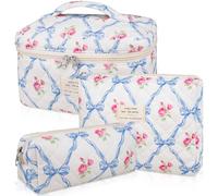 Make-up-Taschen-Set, gesteppte Make-up-Tasche, große Kosmetiktasche mit Blumenmuster für Damen, niedliche Baumwoll-Make-up-Taschen, Blumen-Reise-Kulturbeutel, blaue blume, Niedlich