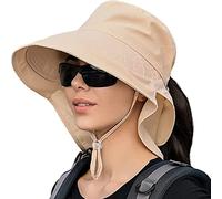 MAKFORT Sonnenhut Damen Outdoor Sommer Breiter Krempe UV Schutz Hut wasserabweisend mit großem Nackenschutz Pferdeschwanz Strandhut