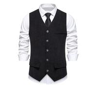 MakingDa Cord-Weste für Herren, lässig, Vintage-Stil, Nadelstreifen, Anzugweste, schmale Passform, V-Ausschnitt, Taillenmäntel, Schwarz , XL