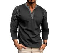 MakingDa Henley Langarmshirt Knopfleiste Langarm Shirt Regular Slim Fit Muscle Bequem Oberteil Männer Pullover Sport Arbeit Tshirts Outdoor Fitness Longshirt Basic Vintage Freizeithemd Schwarz XXL