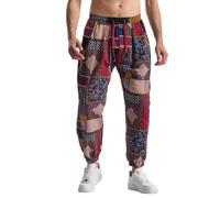 MakingDa Herren-Jogginghose aus Baumwolle mit elastischem Bund, Paisley bedruckter, Hippie-Stil Weite Beinhose, Lockere Passform, bequem für Strand, Spazierengehen, Laufen und Joggen-JK62-1-S
