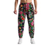 MakingDa Herren-Jogginghose aus Baumwolle mit elastischem Bund, Paisley bedruckter, Hippie-Stil Weite Beinhose, Lockere Passform, bequem für Strand, Spazierengehen, Laufen und Joggen-JK61-2-L