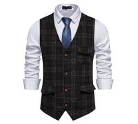 MakingDa Herren Karierte Weste, formell, ärmellos, V-Ausschnitt, kariert, Tweed, Business-Weste, Freizeitkleid, Anzugweste mit Tasche, Schwarz , XL