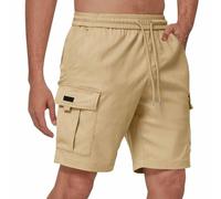 MakingDa Kurze Hosen Herren Elastische Taille mit Tunnelzug 5 Taschen Sommer Cargo Bermuda Shorts Reguläre Passform Freizeit Outdoor Kurz Cargohose Khaki M