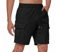 MakingDa Kurze Hosen Herren Elastische Taille mit Tunnelzug 5 Taschen Sommer Cargo Bermuda Shorts Reguläre Passform Freizeit Outdoor Kurz Cargohose Schwarz 3XL