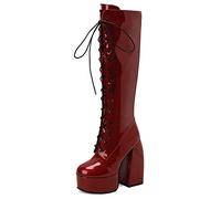 Makmeoyw DaHerren Plateau Heel Stiefel Schnüren GOGO Stiefel Metallic Knee Hohe Stiefel Claret High Heel Performance Stiefel Lack Leder Hohe Stiefel Size 12.5