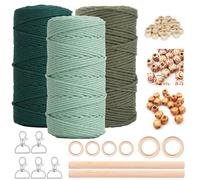 Makramee Garn 3mm x 60m 3er Makramee Set für DIY Handwerk Makramee Wandbehang Traumfänger Blumenampel Vorhang Bastelset Schnurkette, Mit 5 Schlüsselanhänger 60 Holzperlen 6 Holzringe 2 Rundstab