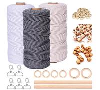 Makramee Garn 3mm x 60m 3er Makramee Set für Makramee Wandbehang Traumfänger Blumenampel Vorhang Schnurkette Bastelset DIY Handwerk, Mit 5 Schlüsselanhänger 60 Holzperlen 6 Holzringe 2 Rundstab
