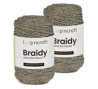 Makramee mit Glitzergarn Lurex 2er Set Khaki-Silber, Loopncraft, 2 X 250m - 250g, geflochtenes Garn, Recycling Garn