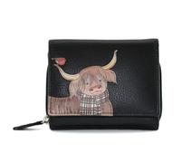 Mala Leather Callum The Highland Cow & Robin Bird Medium Tri Fold Purse - Echtes Leder RFID Geldbörse mit Reißverschluss Münzfach, Schwarz , L, Zeitgenössisch