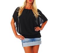 Malito - Damen Bluse in Fledermauslook - Tunika Kurzarm mit bequemen Schnitt - Elegantes Oversize Blusenshirt mit breitem Bund - Shirt Leo-Print & Uni 6296 - (Schwarz)