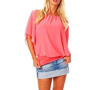 Malito - Damen Bluse in Fledermauslook - Tunika Kurzarm mit bequemen Schnitt - Elegantes Oversize Blusenshirt mit breitem Bund - Shirt Leo-Print & Uni 6296 - (Coral)