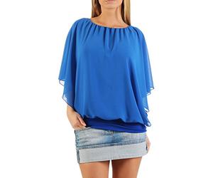 Malito - Damen Bluse in Fledermauslook - Tunika Kurzarm mit bequemen Schnitt - Elegantes Oversize Blusenshirt mit breitem Bund - Shirt Leo-Print & Uni 6296 - (Blau)
