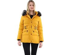 malito - warme Damen Winterjacke mit Kunstfell-Kapuze & Taillen-Gürtel - kurze Puffer Jacke für Herbst & Winter - gefütterte Steppjacke 81169 (Dunkelgelb | Größe XXL)