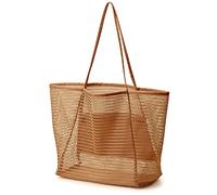 MAMUNU Mesh Strandtasche, Khaki Strandtasche Tote Bag mit Reißverschlusstasche, Große Netztasche für Mädchen Frauen, Beach Bags für Strand Pool Reisen Urlaub