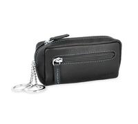 MANAGE XXL Schlüsselmäppchen mit 2 separaten Reißverschlussfächern aus echtem Leder in Schwarz mit blauer Naht für Damen und Herren, kompaktes Schlüsseletui für Autoschlüssel und Schlüssel