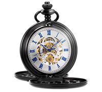 ManChDa Mechanische Taschenuhr mit Kette, Retro, glatt, klassischer Handaufzug, römische Ziffern, für Damen und Herren, silberfarben, B. Schwarz / Blau, Mechanisch