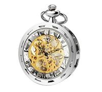 ManChDa Taschenuhr mit Kette Herren Analog Handaufzug Silber Offenes Gesicht Mechanisch Steampunk Skelett mit Kette + Geschenk-Box